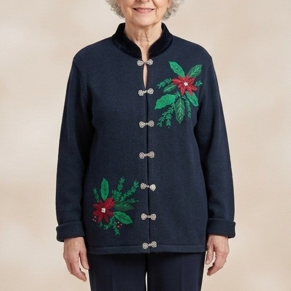 Crystal Kobe Womens Black Poinsettia Beaded Holiday Cardigan Velvet Collar Sz M